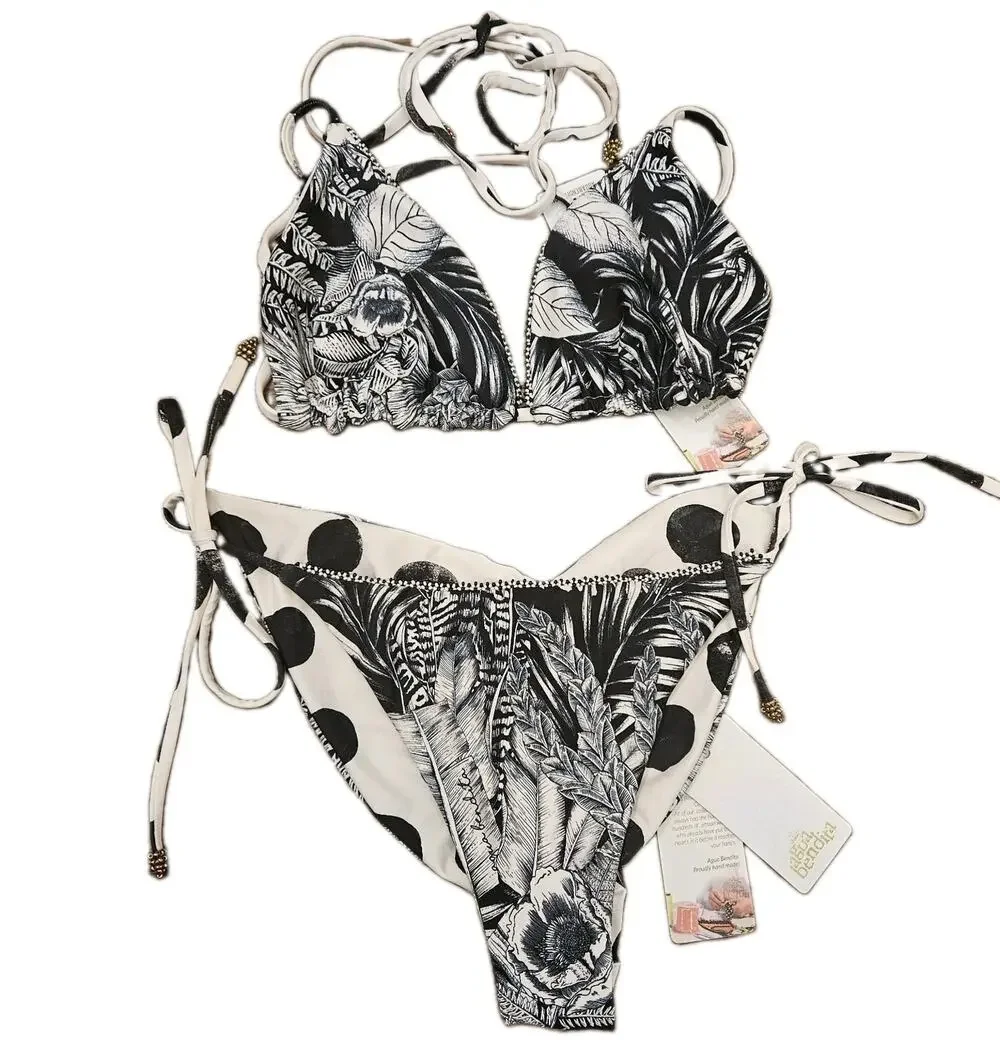 Agua Bendita Lolita Tri Top & Reversible Alegria Bottom L NWT Black White Beaded